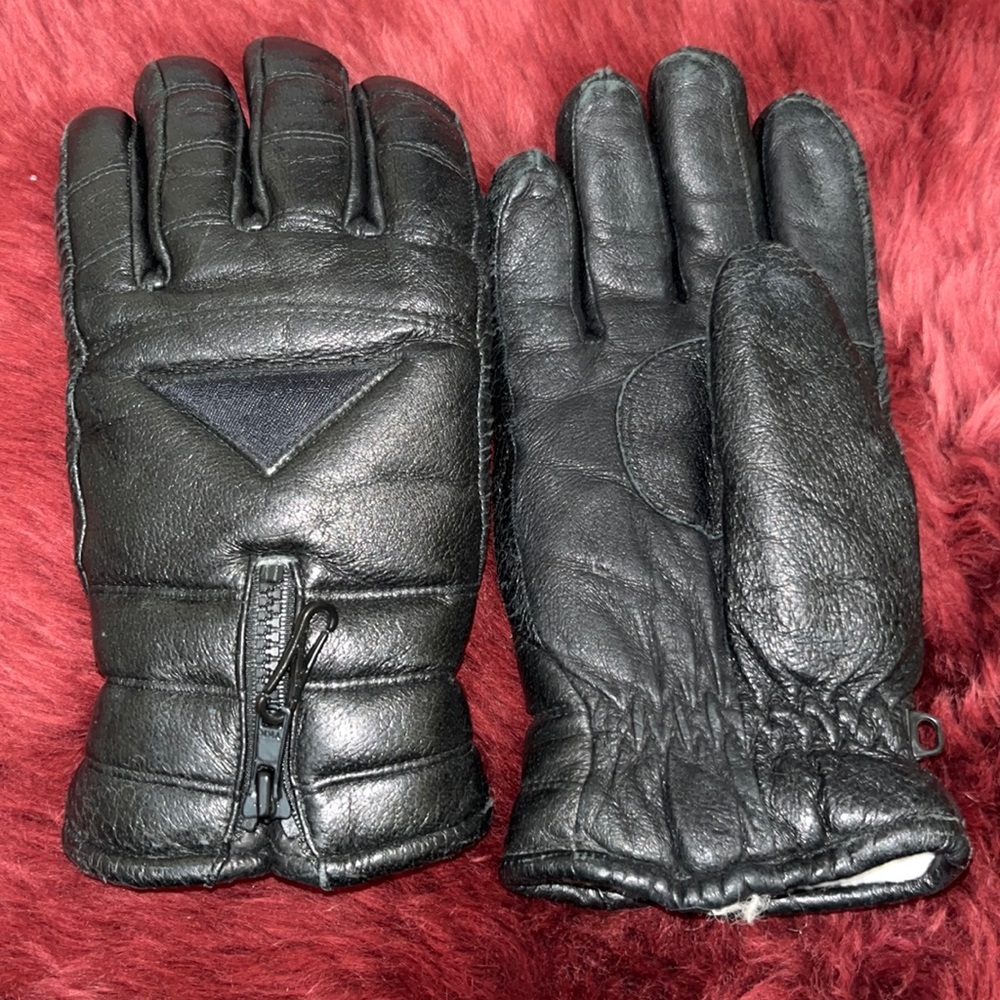 Hot Fingers Black Leather Ski Snowboarding Gloves Super Warm